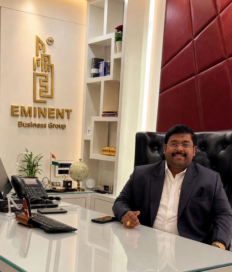 Dr. Zaheer Pasha at his desk in the Eminent Business Group head office, Bengaluru